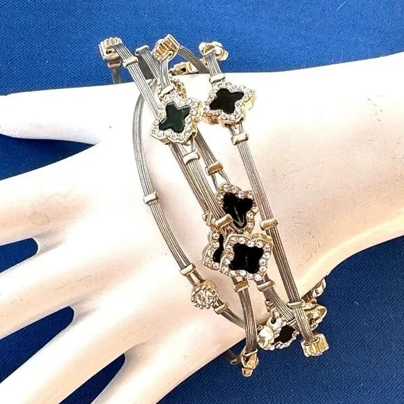 Black clover silver cable gold crystal 5 bands bangle bracelets - Picture 3 of 10